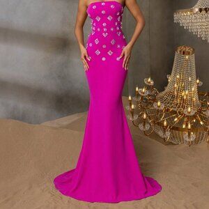 Hot Pink Elegant Women's Formal Maxi Dress with Strapless Sweetheart Neckline